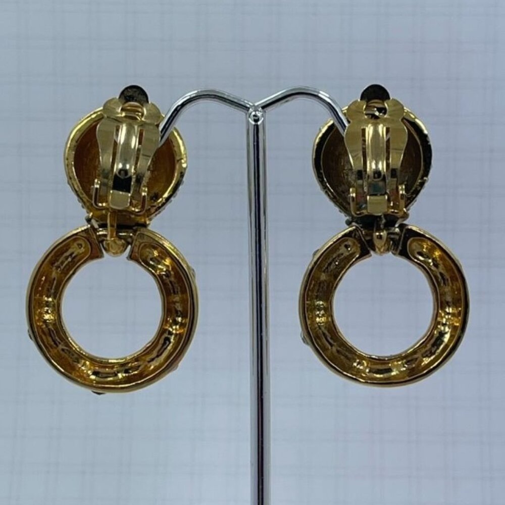 Vintage Gold Tone Door Knocker Rhinestone Clip On Statement Earrings - Picture 4 of 6